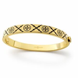 Tory Burch Monogram enamel miller stud hinge bracelet in black and gold tone.